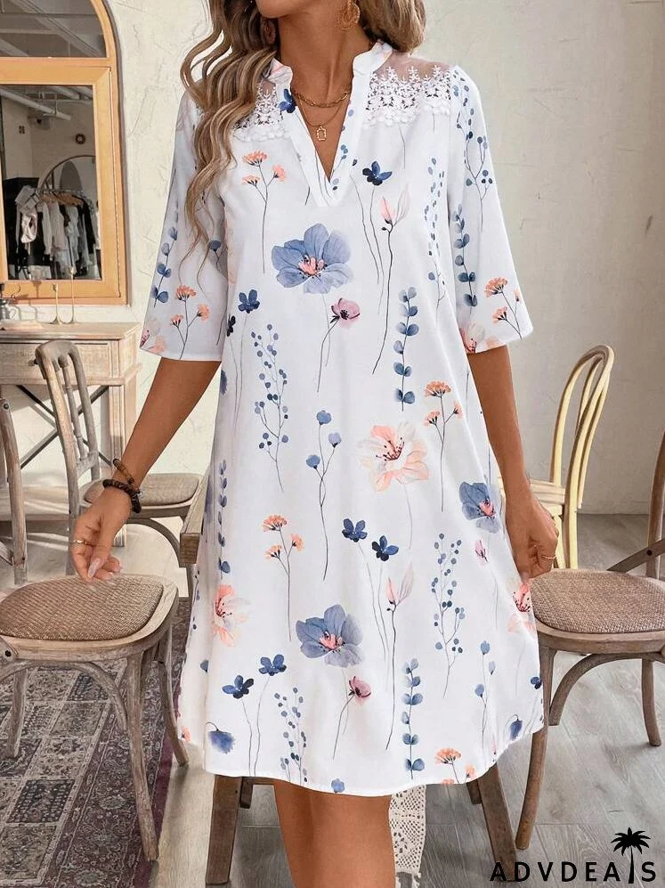 Women's Fashionable Floral Printed Lace Patchwork Dress