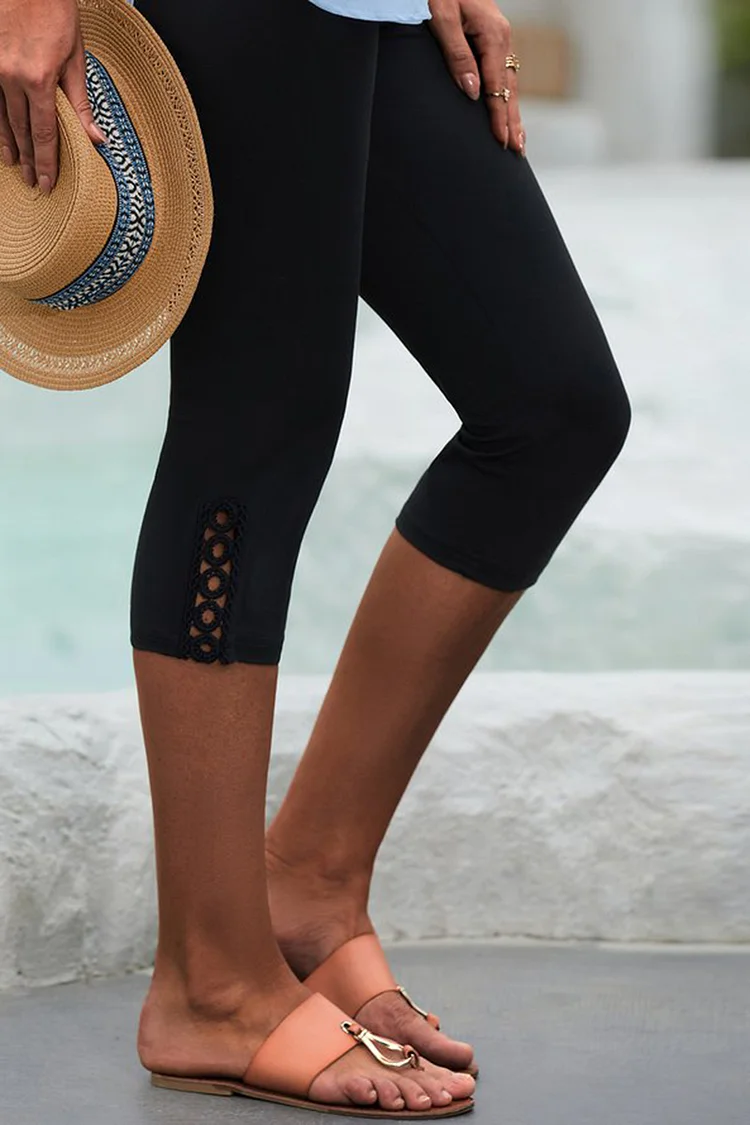 Flycurvy Plus Size Casual Black Lace Stitching Bodycon Capris Legging  Flycurvy [product_label]