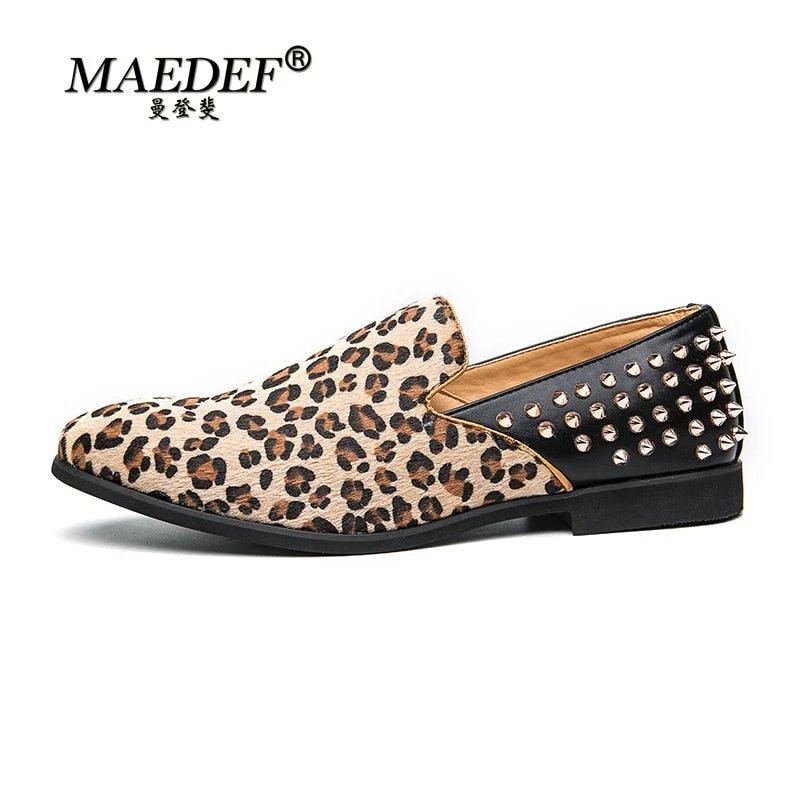 2021 New Rivet Leopard Print Fashion Casual Men Loafers Suede Leather Shoes Party Dress Slip on Comfortable Shoes
