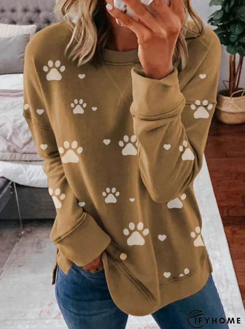 Long Sleeve Printed Cotton-blend Crew Neck Casual Winter Camel Tunic Top | IFYHOME