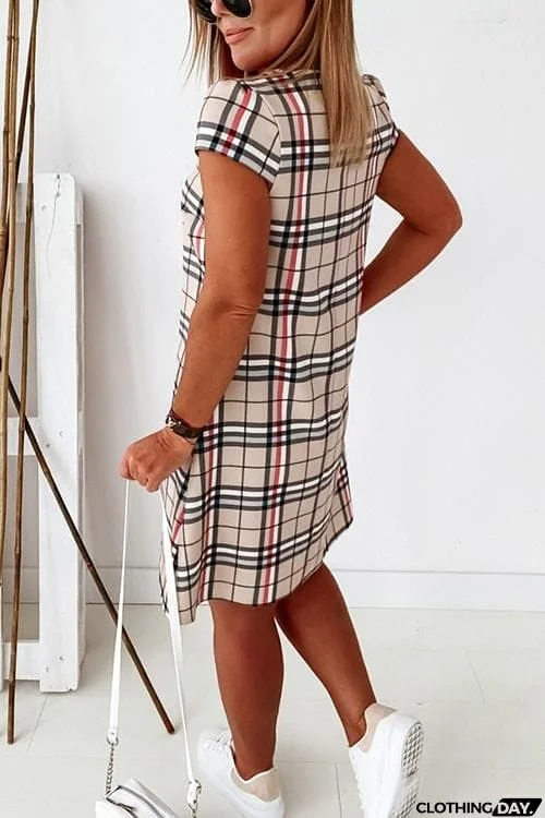Grid Short Sleeve Bodycon Mini Dress