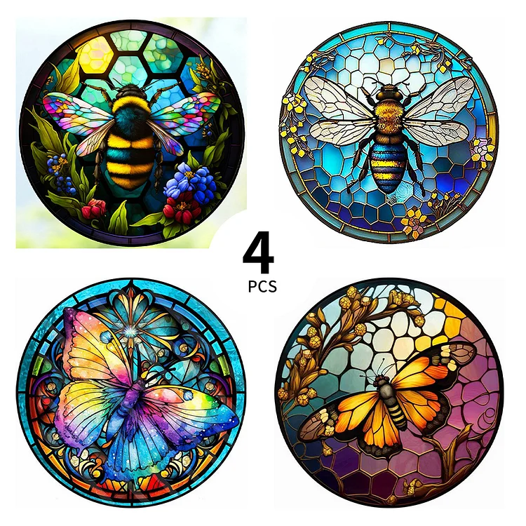 4PCS Diamond Painting Set - Round Plate Glass Painting Butterfly Bee 30*30CM(Canvas) gbfke