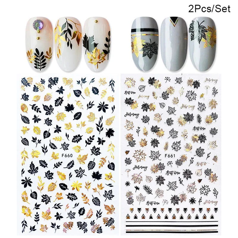 1 Sheet iridescent Nail Sticker Black leave 3D Transfer Beautiful Nail Decals Decoration Summer Popupar DIY Nail Design