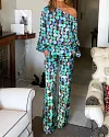 Polka Dot Print One Shoulder Long Sleeve Top & Pants Two Piece Set