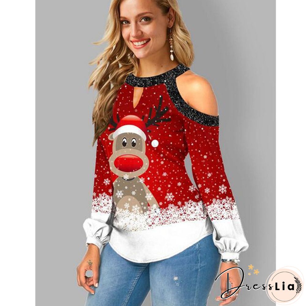 Spring and Early Autumn New Fashion Womens Christmas Printed Long Sleeve V-neck Off
