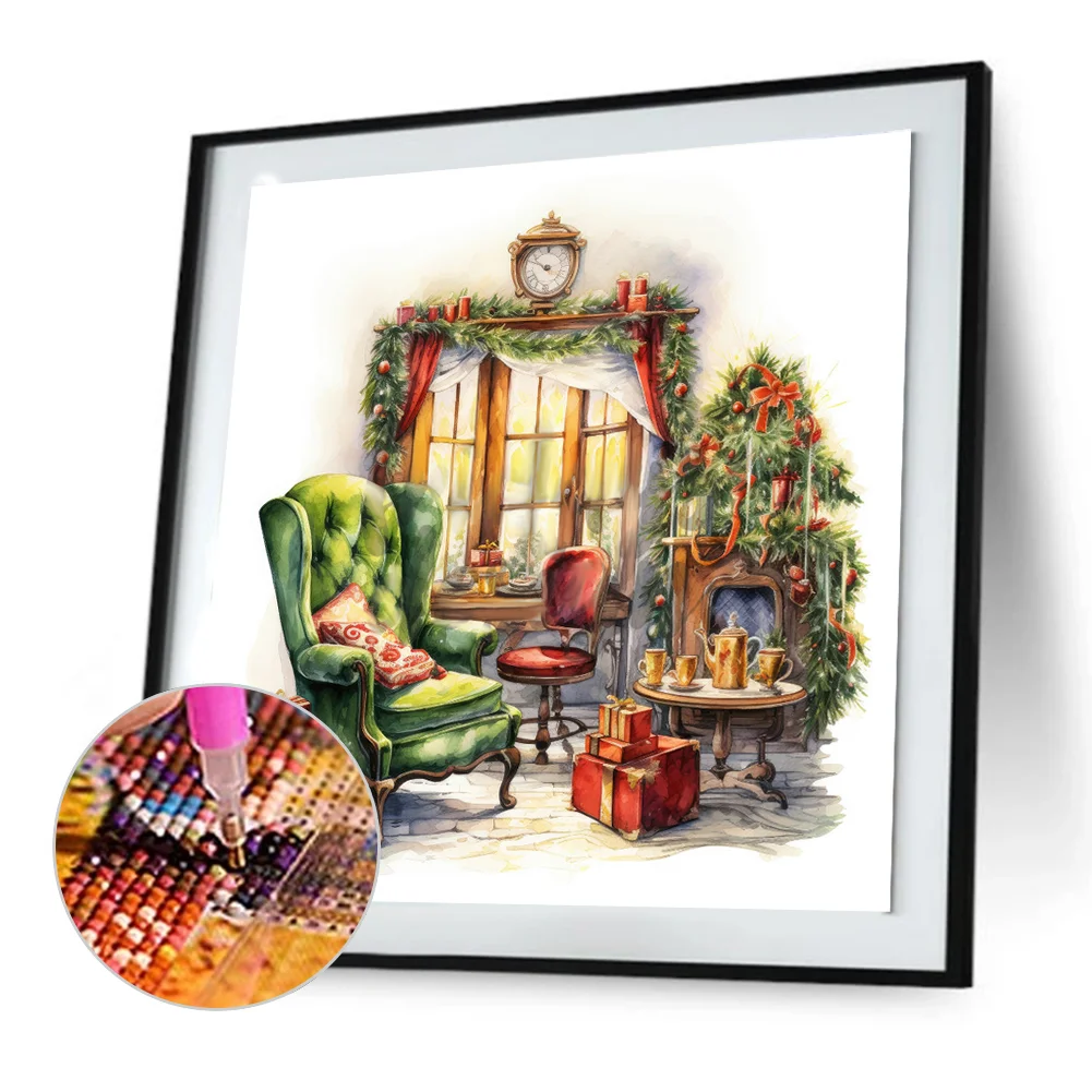 Full Round Diamond Painting 30*30cm - Green Sofa With Floor-To-Ceiling Windows