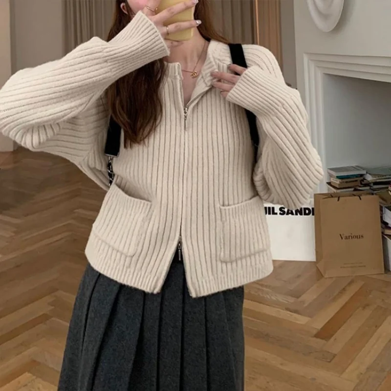 Toloer Toloer Temperament Double Zipper Pit Short New Sweater Female Spring Pocket Sweater Loose Inside Jacket Female-Outfit Ideas
