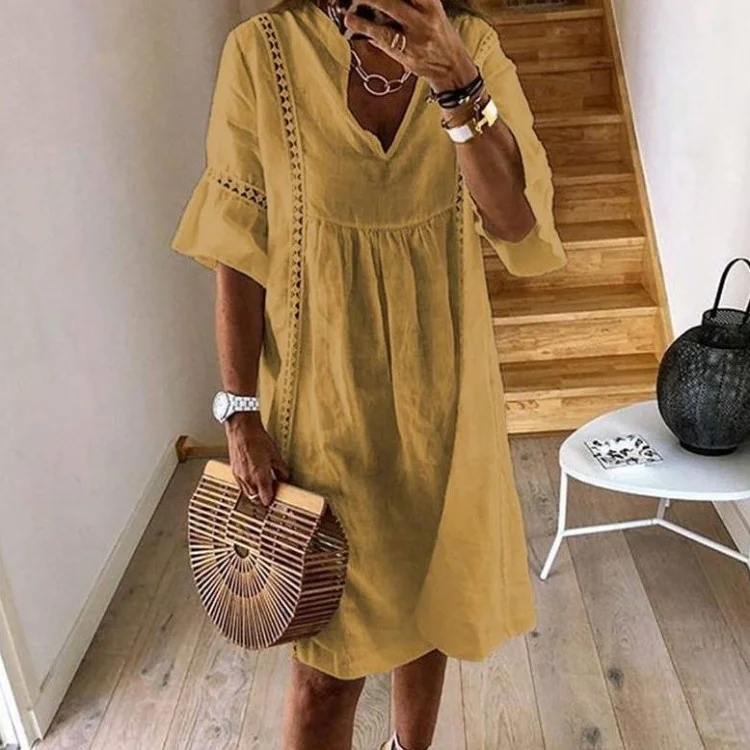 Plus Size Women's Lace Stitching Cotton and Linen V-neck Flared Sleeves Dress