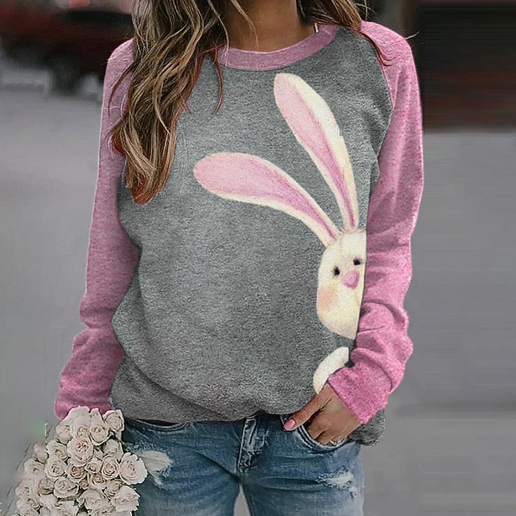 VChics Rabbit Print Long Sleeve Casual Sweatshirt