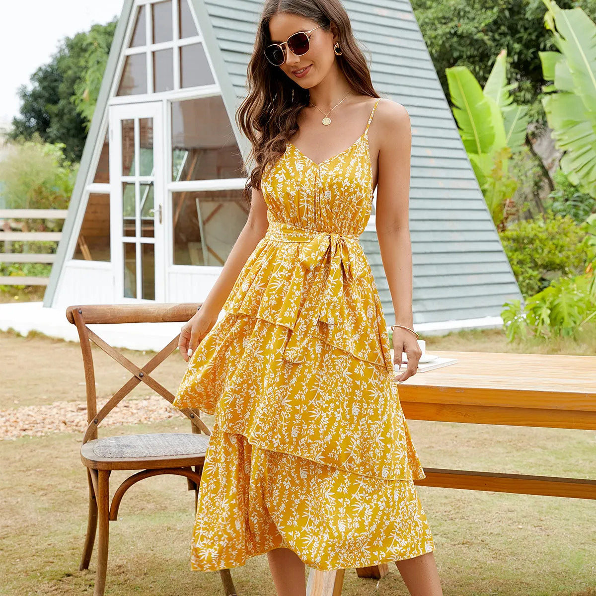 Ruffled Floral Tie Waist Midi Dress
