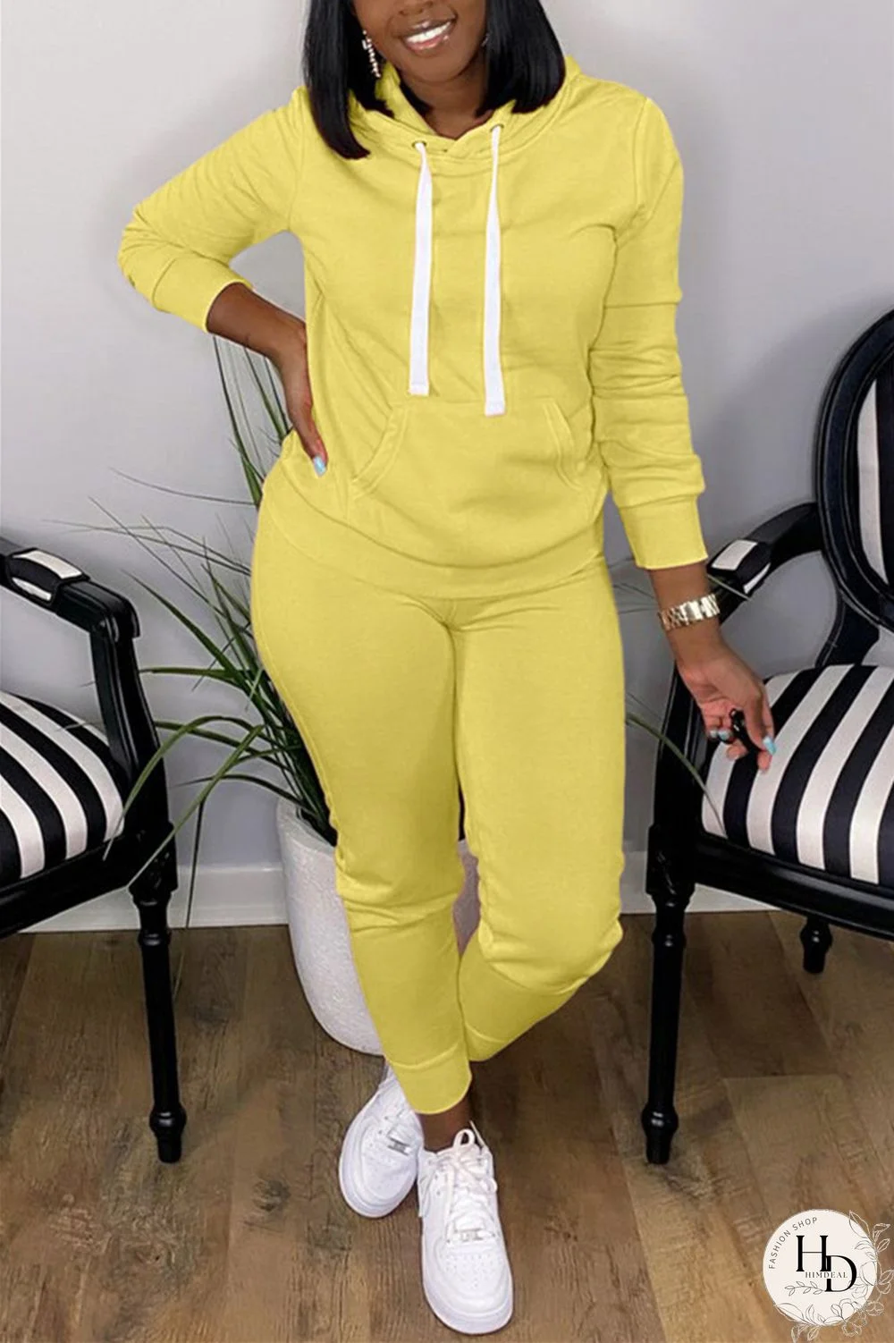 Yellow Fashion Casual Long Sleeve Hooded Collar Regular Sleeve Regular Solid Two Pieces