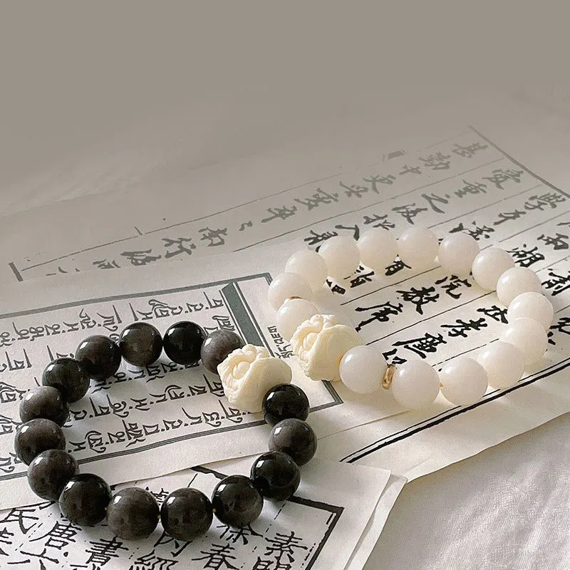 Silver Sheen Obsidian Bodhi Seed Ivory Fruit Dancing Lion Protection Bracelet