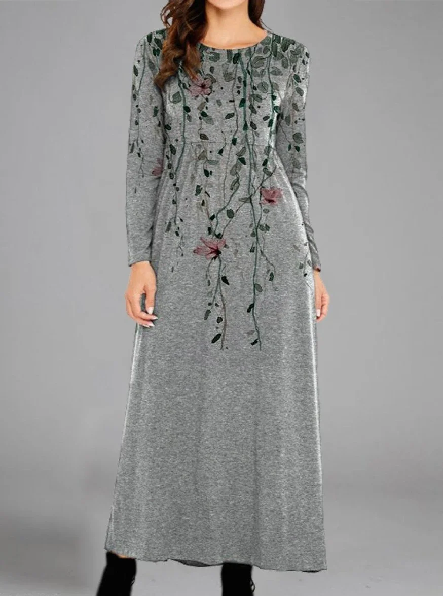 Casual Floral Print Crew Neck Long Sleeves Maxi Dress | EGEMISS