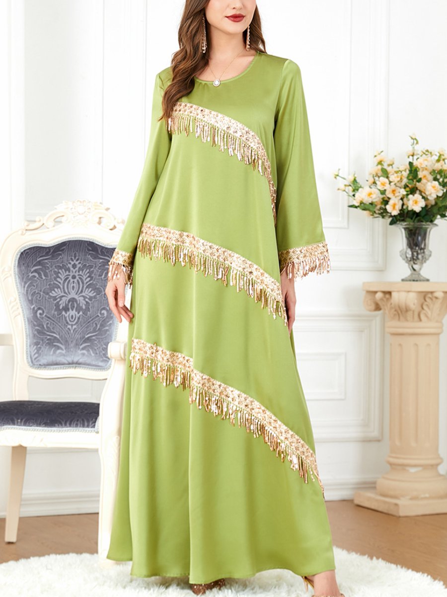 Gold Glitter Tassels Satin Solid Color Long Sleeve Dress | Oxredo Shop Ramadan Sale