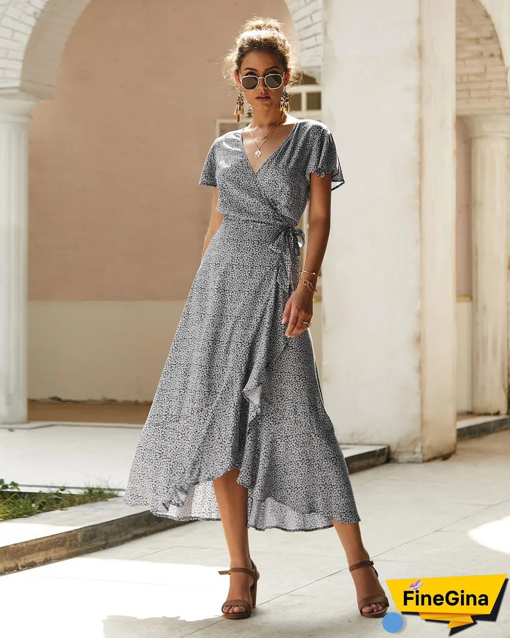 Summer Wrap Dress Beach Floral Print Bohemian Chiffon A Line Vintage Polka Dot Waist Tied Maxi Casual Dress Women0414