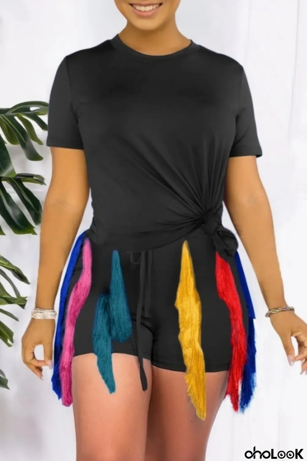 Black Casual Solid Tassel Patchwork O Neck Short Sleeve Two Pieces