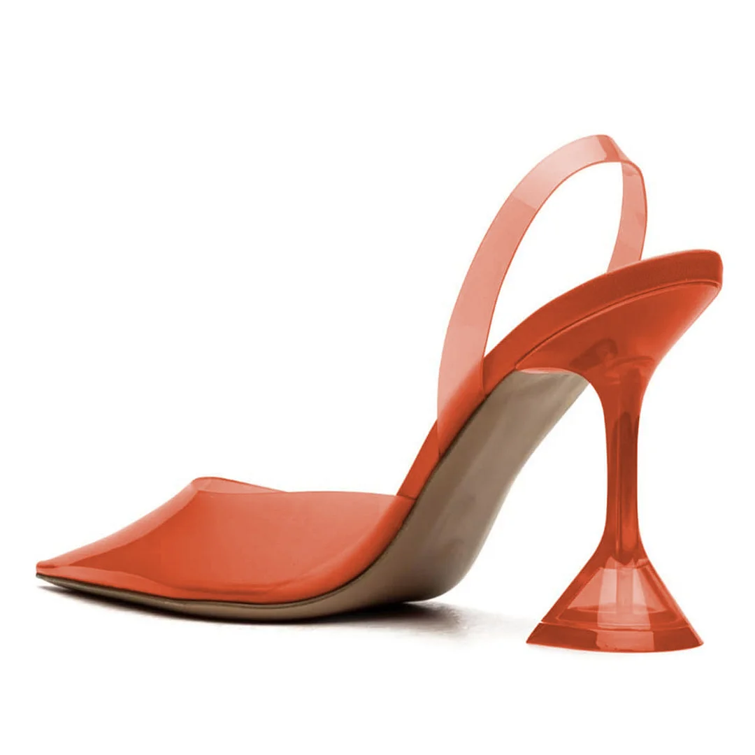 Transparent Slip-On Pointed Toe Flared Heel Slingback Pumps in Orange