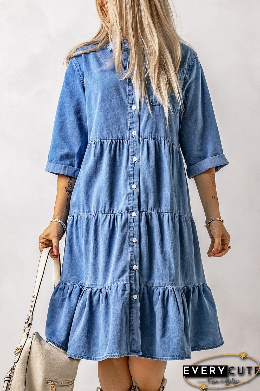 Sky Blue Ruffled Denim Full Buttoned Midi Dress