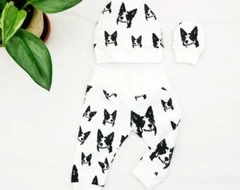 Pornhint Border Collie Print Baby Hat Mittens Leggings Set, Organic Cotton Baby Clothes, Puppy Dog Themed Baby Shower Gift Ideas Girls Boys