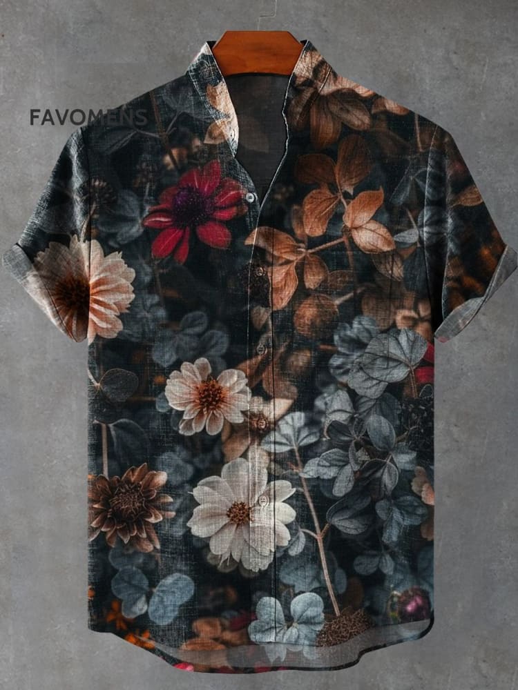 Retro Flower Petals And Branches Printed Casual 100% Cotton Shirt Multicolor / S