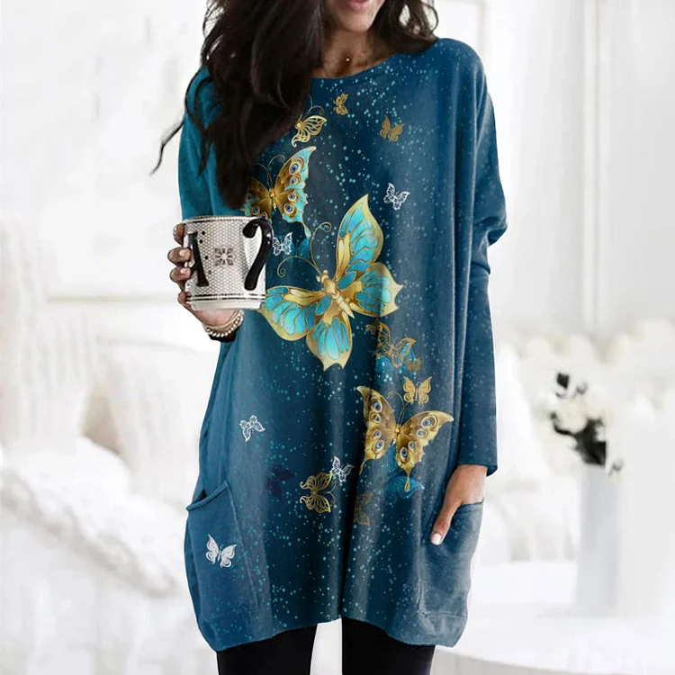 Vefave Butterfly Print Long Sleeve Tunic