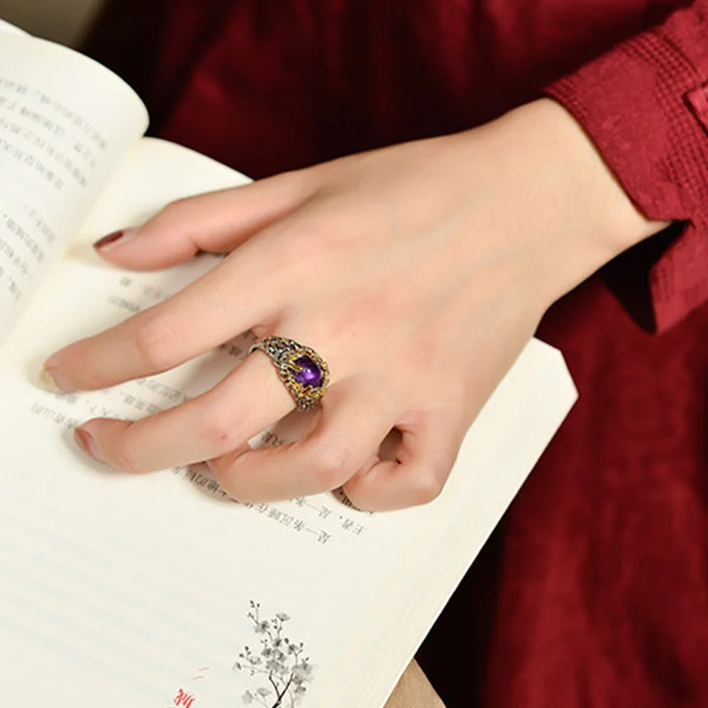 Amethyst 925 Sterling Silver Blessing Adjustable Ring