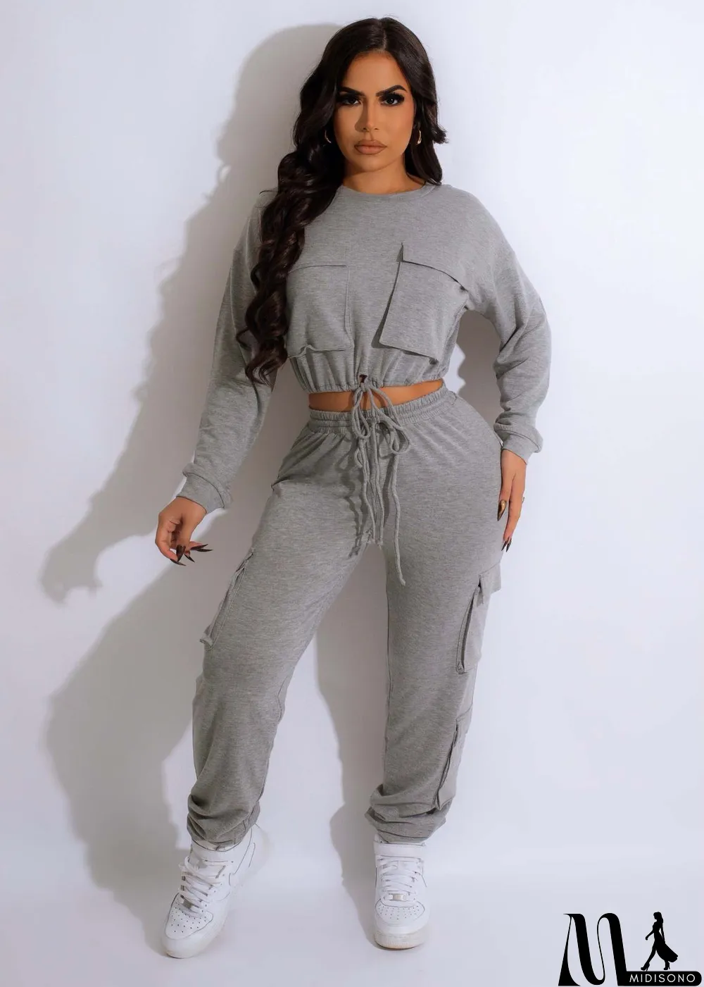 MidiSono - Solid Color Drawstring Crop Tops And Pant 2 Piece Set