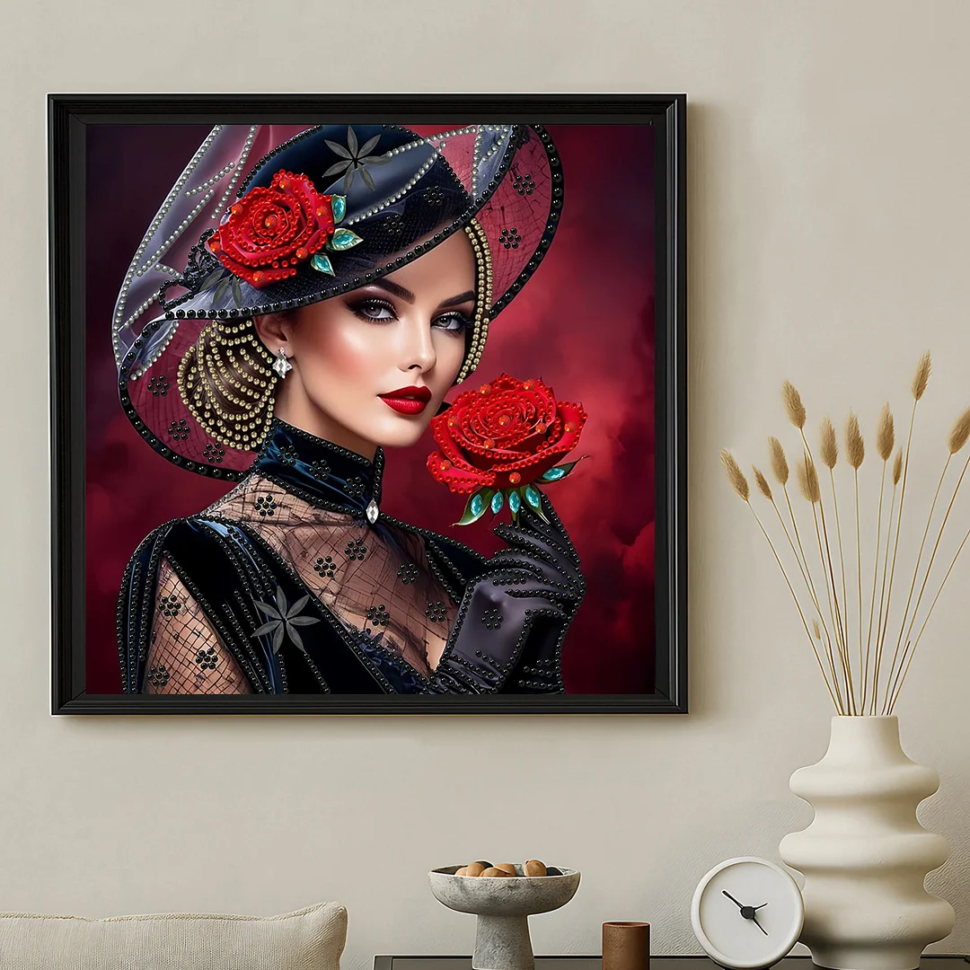 Beauty Lady in a Top Hat Red Bckdrop Special Shaped 5D DIY Partial Drill Diamonds Dots Gem Art Kits for Adults Beginners Home Decor Diamonds Paintings Gem Art 11.81 X11.81inch