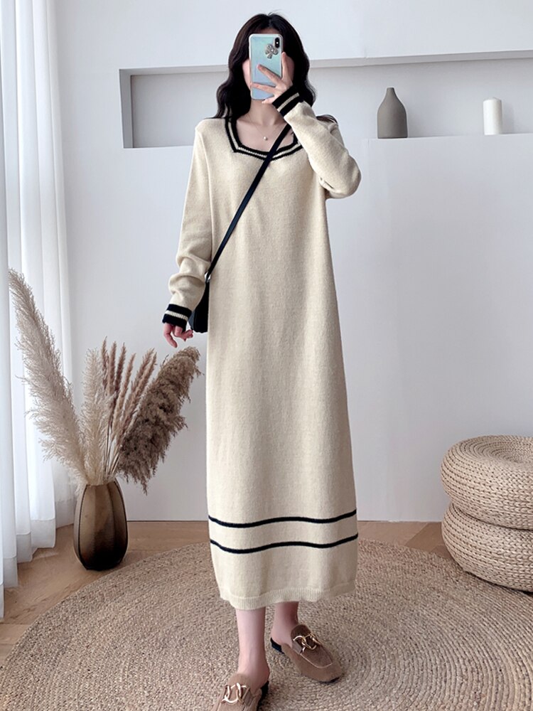 Searchwombat Korean Style Autumn Winter New Square Collar Stripe Color Block Knit Dress Loose Straight Sweater Skirt Female Maternity Dress