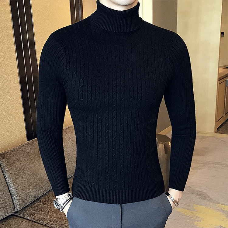 BrosWear Men's Turtleneck Slim Fit White Wool Sweater