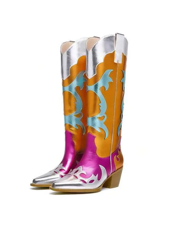 Multicolor Metallic Patchwork Western High Heel Boots Vdcoo
