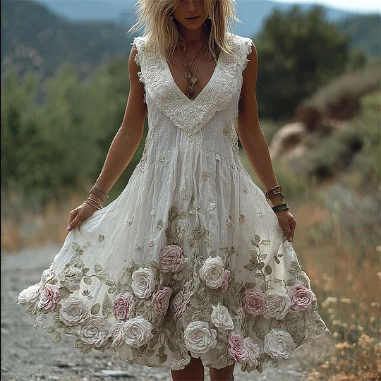 Pink Boho White Linen Dress Tie-Waist Linen Maxi Dress Pink Boho