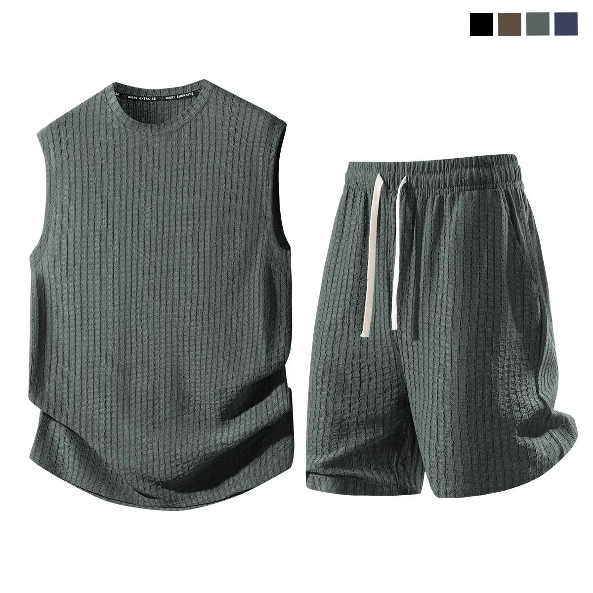 Men's 2-Piece Plain Waffle Knit Sports Clothing Set - Sleeveless Round Neck Tank Top, Elastic Waist Drawstring Casual Shorts, Breathable Comfortable Summer Apparel for Workout, Daily Wear, Two Piece Set