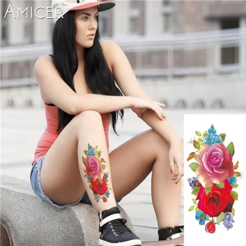 sexy romantic dark rose flowers Tattoo sleeve flash henna tattoos fake Waterproof temporary tattoos stickers translated tattoos