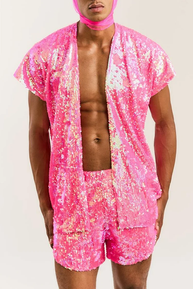 Men's Sequin Kimono Shorts Festival Pink Two Piece Set [Pre-Order]