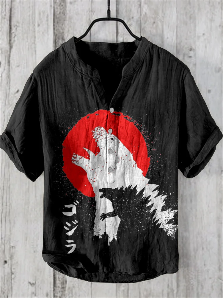 Godzilla & Red Sun Japanese Art Linen Blend Shirt