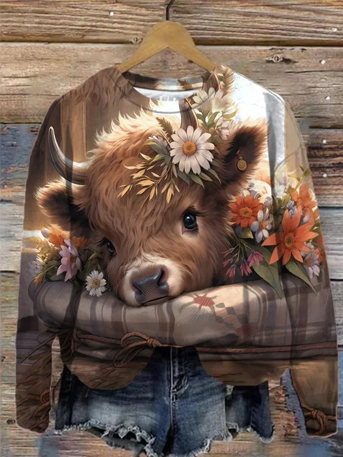 Women's Cute Baby Highland Cow Print Sweatshirt socialshop