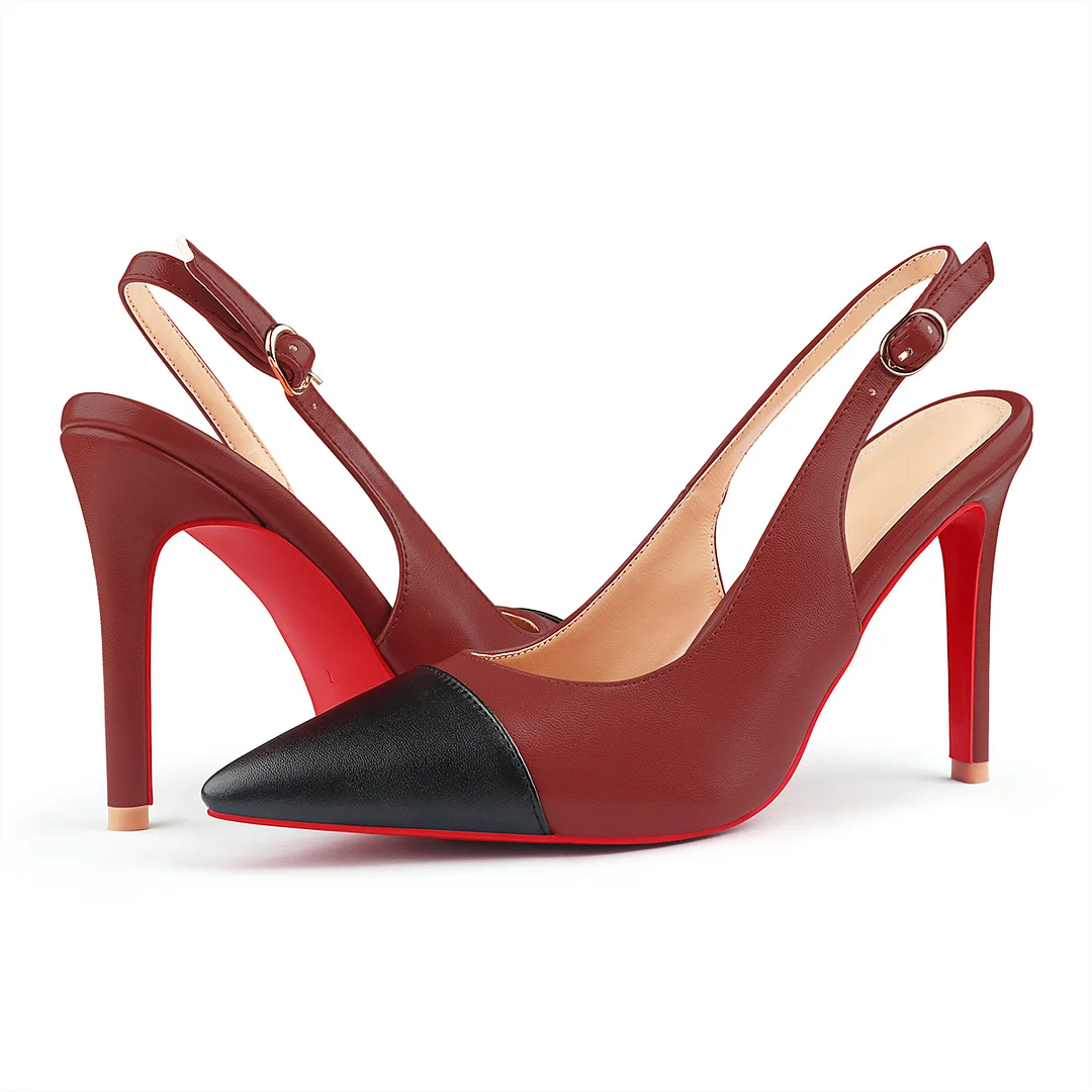 100mm Women's Sandals Black Stitching Pointed Toe Slingback Red Bottom Heels-MERUMOTE