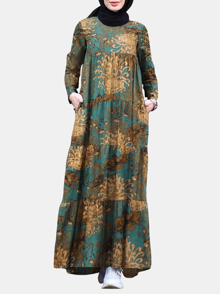 Women Ethnic Calico Print Pocket Patchwork Casual Maxi Dress