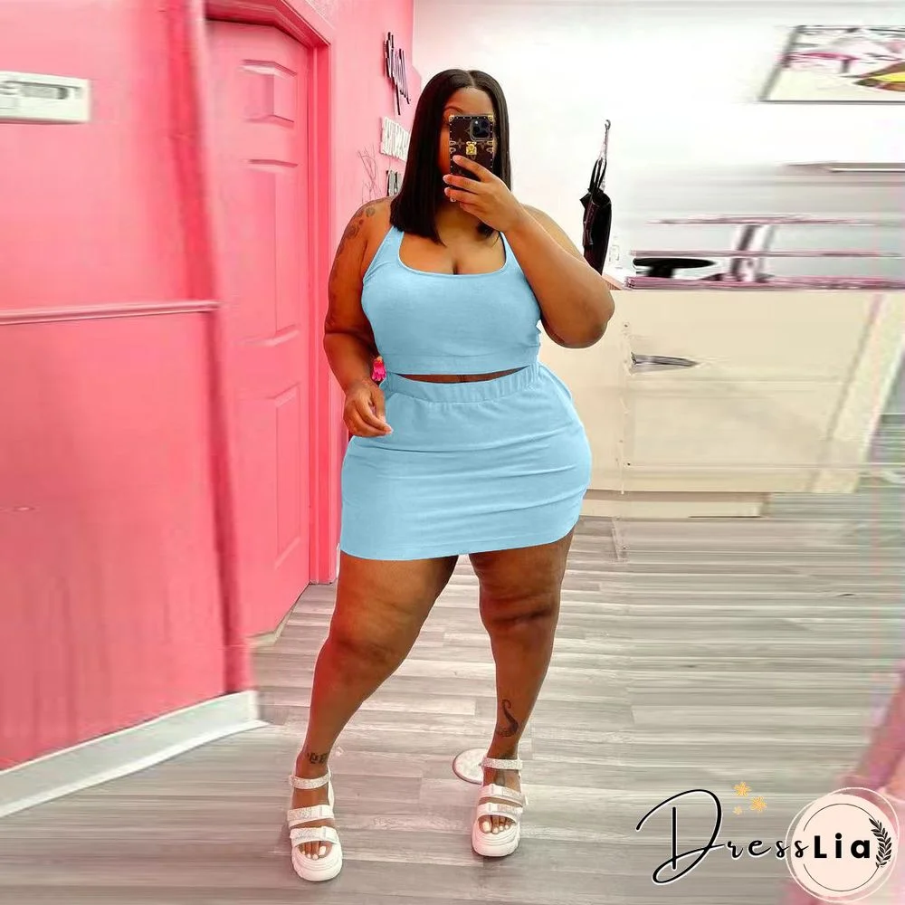 Plus Size Summer Solid Women Square Neck Sleeveless Crop Top+Elastic Waist Mini Skirt 2 Piece Set
