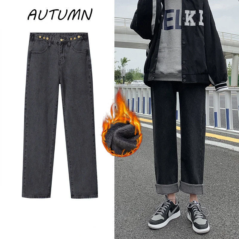 Ankle-length Jeans Women Plus Velvet Thickening All-match Winter Streetwear Solid Female Students Warm Denim Trousers Ulzzang