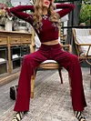Fashion Solid Color Round-Neck Long Sleeves Shirts+ Wide Leg Elastics Drawstring Pants Two Pieces Set