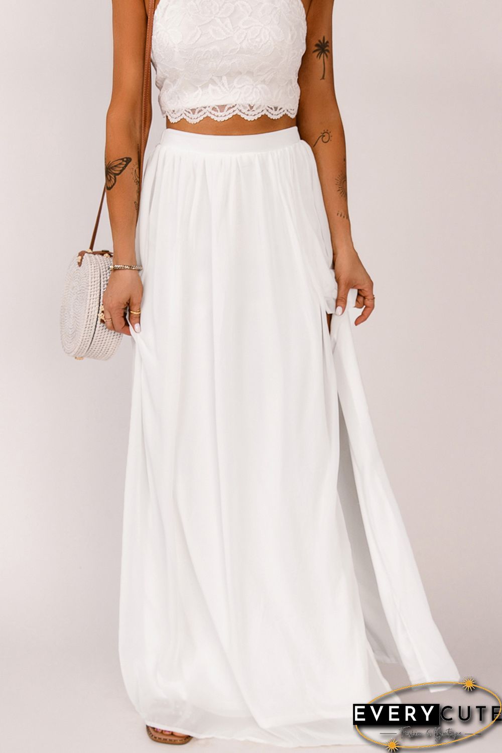 White High Waist Maxi Skirt with Split