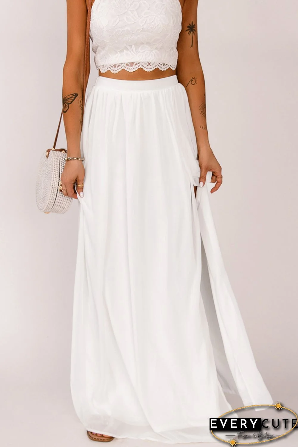 White High Waist Maxi Skirt with Split
