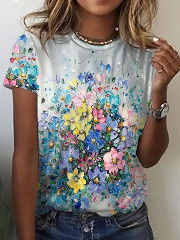 Art Floral Printed Casual T-Shirt  artssus