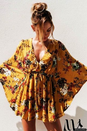 MidiSono - Deep V Neck Floral Print Half Sleeve Romper