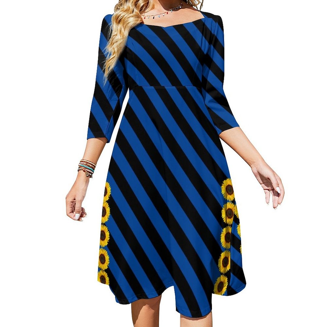 Yellow Sunflower Sides Black And Blue Stripe Dress Sweetheart Tie Back Flared 3/4 Sleeve Midi Dresses