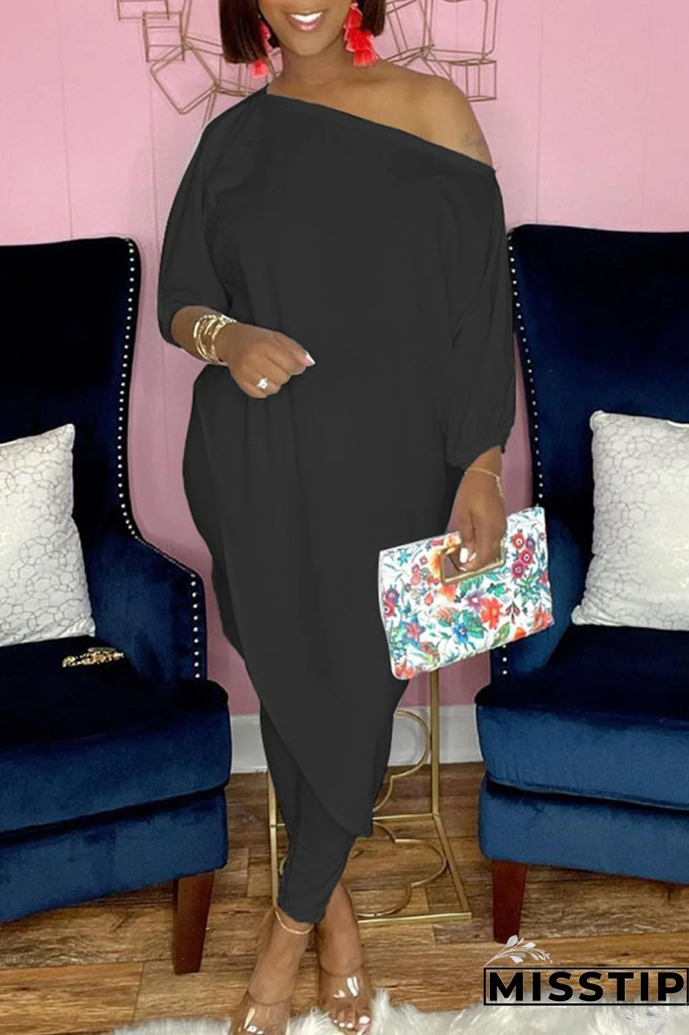 Camouflage Fashion Casual Print Asymmetrical Oblique Collar Three Quarter Two Pieces