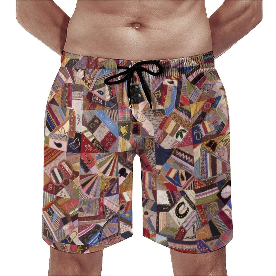 Antique Crazy Quilt Men's Swim Trunks Summer Board Shorts Quick Dry Beach Short with Pockets