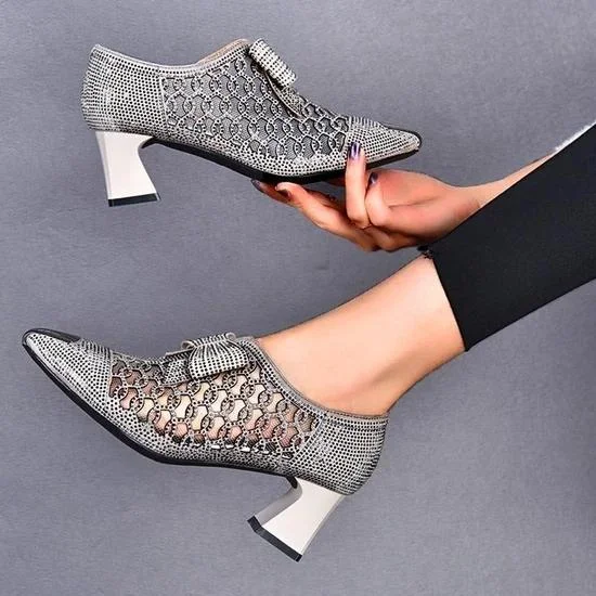 Rhinestone Hollow Chunky Heel Shoes